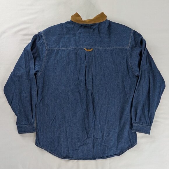 VTG Dark Wash Denim Blue Chambray Tan Suede Collared Tie Pocket Button Up Shirt - Picture 3 of 6